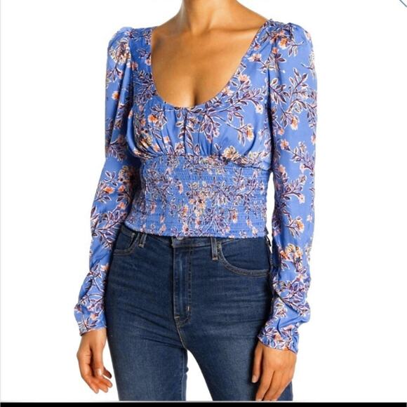 Free People Blue Santiago Boho Spring Floral Top Medium - Picture 1 of 15